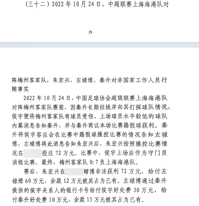 网传判决书：梅州07海港，梅州守门员侯宇收30万好处费消极比赛